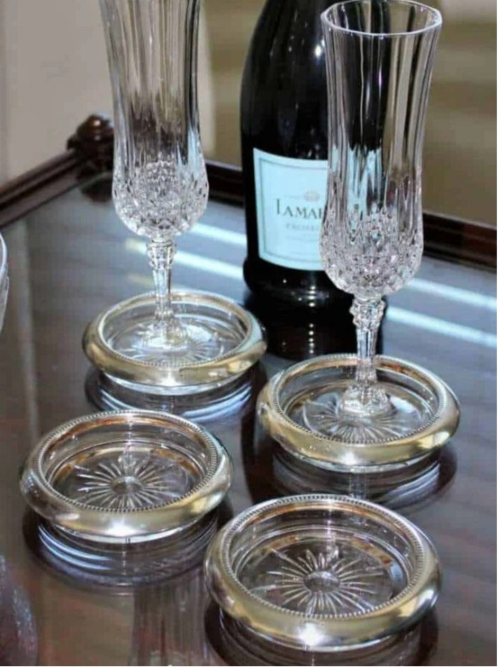 60s 70s Vintage Leonard Silverplate & Glass Coasters Ashtray Set of 4 #2